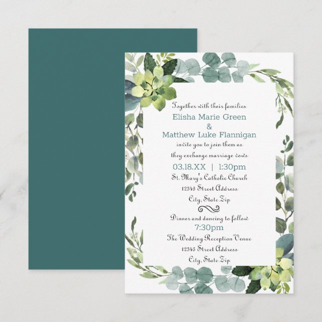 Aquamariner Bouquet-Rahmen - 3x5 Hochzeit/Empfang  Einladung (Vorne/Hinten)