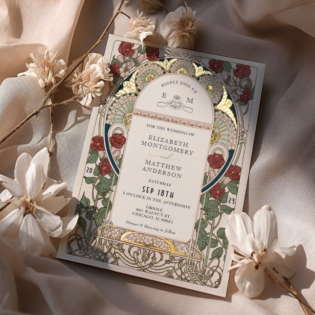 Aquamariner Burgunder Red Gold Wedding Art Nouveau Folieneinladung (Von Creator hochgeladen)