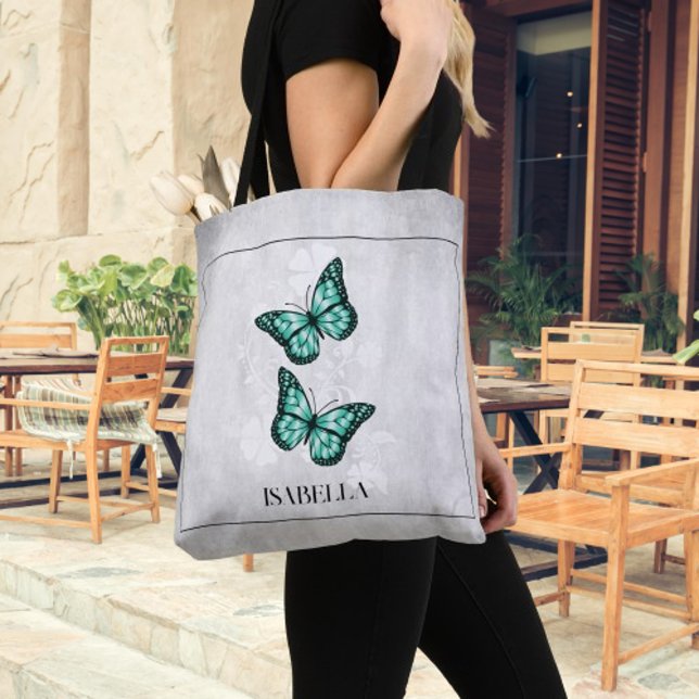 Aquamariner Butterfly Personalisiert Totbeutel Tasche (Teal Butterfly Floral Personalized Tote Bag)