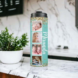 Aquamariner Chic Glitzer Foto Name Thermal Tumbler Thermosbecher