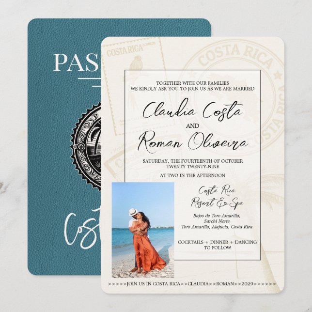 Aquamariner Costa Rica Pass Einladung zur Hochzeit (Vorne/Hinten)
