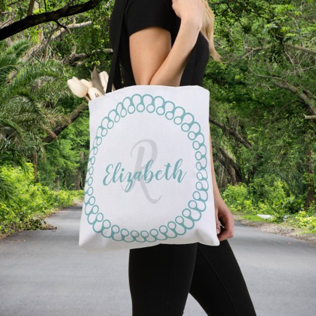 Aquamariner dekorativer Circle Personalisieren Sie Tasche (Teal Decorative Circle Personalize Monogram Tote Bag)