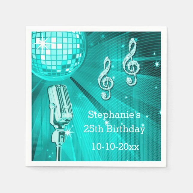 Aquamariner Disco-Ball und Retro-Mikrofon 25. Gebu Serviette (Vorderseite)