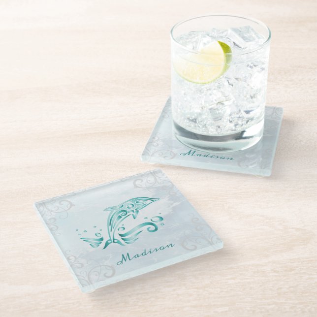Aquamariner Dolphin Personalisiert Glass Untersetz Glasuntersetzer (Schrägansicht)
