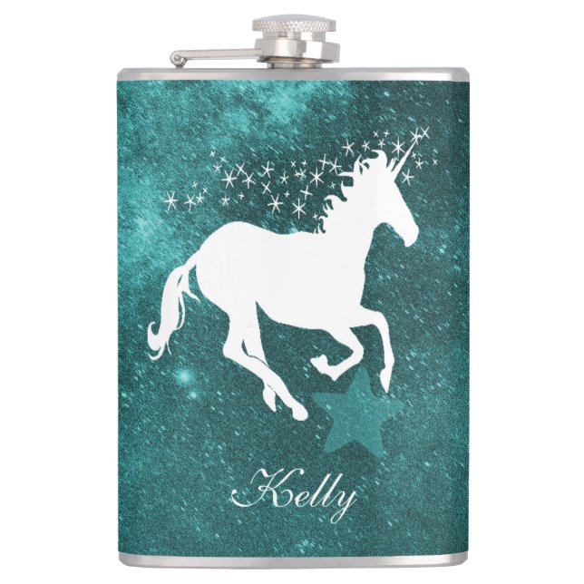 Aquamariner Einhorn-Personalisierter Kolben Flachmann (Vorderseite)
