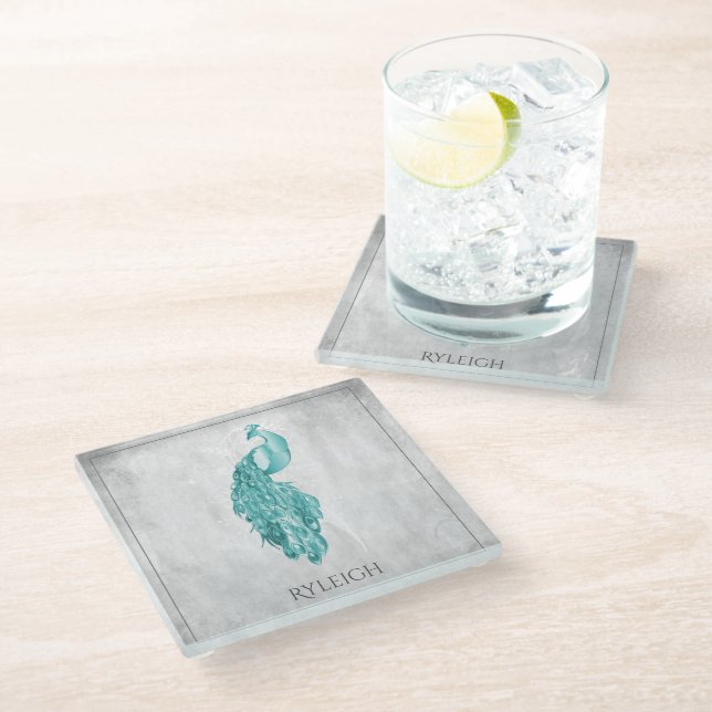 Aquamariner Eleganter Peacock Personalisiert Glass Glasuntersetzer (Schrägansicht)