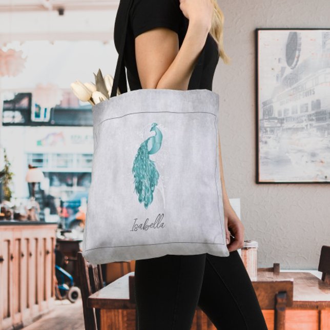 Aquamariner Eleganter Pfau Personalisiert Tote Beu Tasche (Teal Elegant Peacock Personalized Tote Bag)