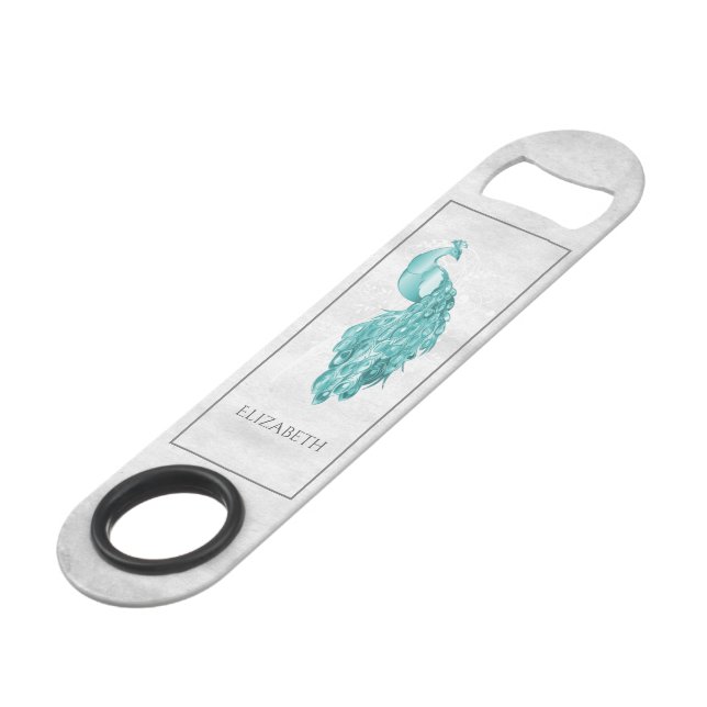 Aquamariner Eleganter Pfau Personalisierter Bar Ke Speed Flaschenöffner (Vorderseite Schrägansicht)