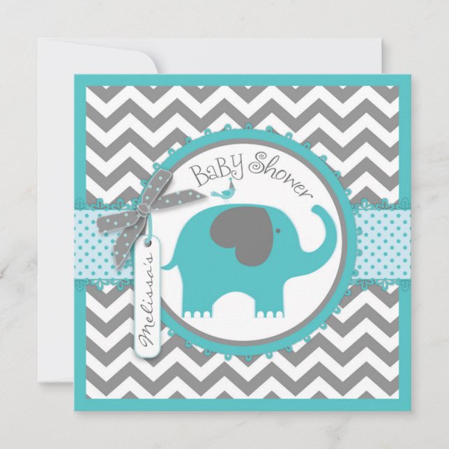 Aquamariner Elephant Boy Zickzack Print Baby Dusch Einladung (Vorderseite)