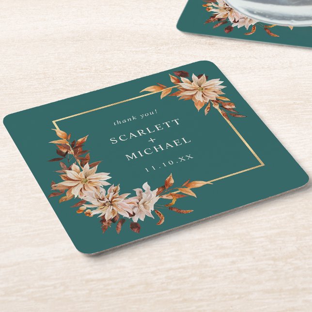 Aquamariner Fall Rechteckiger Pappuntersetzer (Elegant Teal Fall Floral Decor Square Paper Coaster by Painted Paperie
)