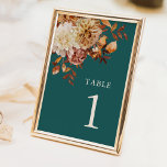 Aquamariner Fall Tischnummer<br><div class="desc">Tischnummer des aquamarinen Herbstes. Lassen Sie Ihre Gäste stilvoll mit Tischnummern begleiten, die sich nahtlos mit Ihrer Herbstästhesie verbinden. Jede Karte ist mit den charakteristischen Aquarellfarben-Blätter in Terrakotta und Bronze-Orange verziert, gepaart mit beigen Dahlien und kopperierten Rose, alles Set vor einem aquamarinen Hintergrund. Diese Tischnummern sind elegant und funktionell und...</div>