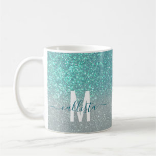 Aquamariner Funkelnd Glitzer Ombre Monogram Kaffeetasse