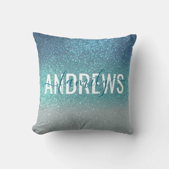 Aquamariner Funkelnd Glitzer Ombre Monogram Kissen (Vorderseite)