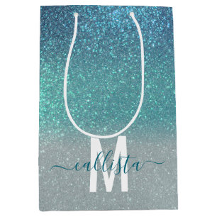 Aquamariner Funkelnd Glitzer Ombre Monogram Mittlere Geschenktüte