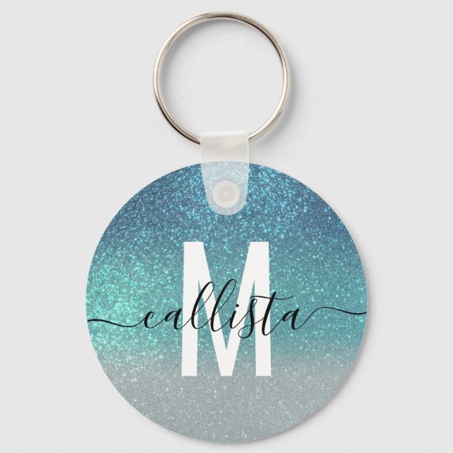 Aquamariner Funkelnd Glitzer Ombre Monogram Schlüsselanhänger (Vorderseite)