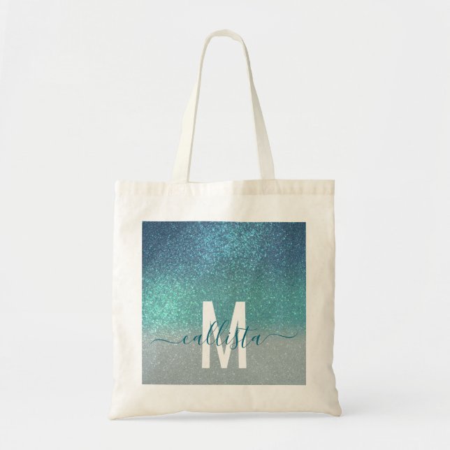 Aquamariner Funkelnd Glitzer Ombre Monogram Tragetasche (Vorne)