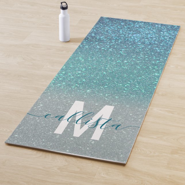 Aquamariner Funkelnd Glitzer Ombre Monogram Yogamatte (Beispiel)