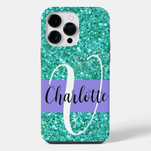 Aquamariner funkelnder Glitzer mit Monogramm iPhone 14 Pro Max Hülle