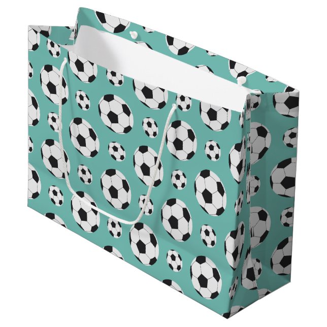 Aquamariner Fußball-Ball-Muster Green Blue Birthda Große Geschenktüte (Vorderseite Schrägansicht)
