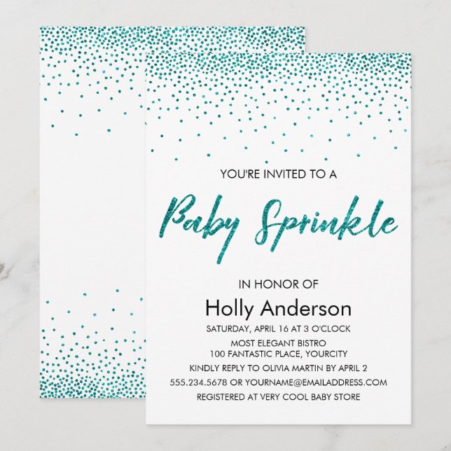 Aquamariner Glitzer Confetti & Typografie Baby Spr Einladung (Vorne/Hinten)