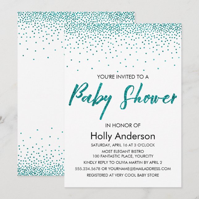 Aquamariner Glitzer Confetti & Typografie Kinderdu Einladung (Vorne/Hinten)