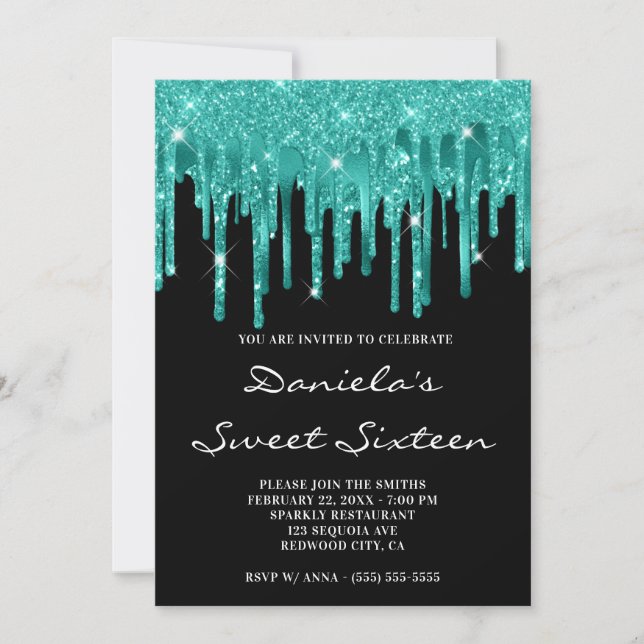 Aquamariner Glitzer Foil Tropfen Black 16 . Geburt Einladung (Vorderseite)