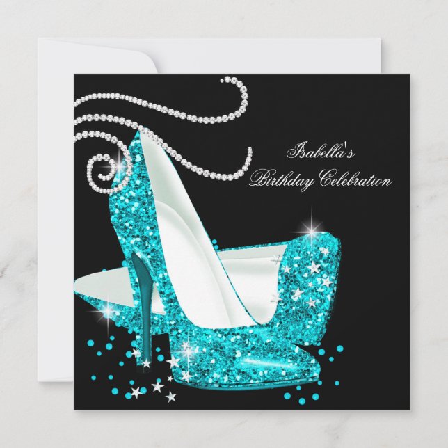 Aquamariner Glitzer High Heels Black Birthday Part Einladung (Vorderseite)