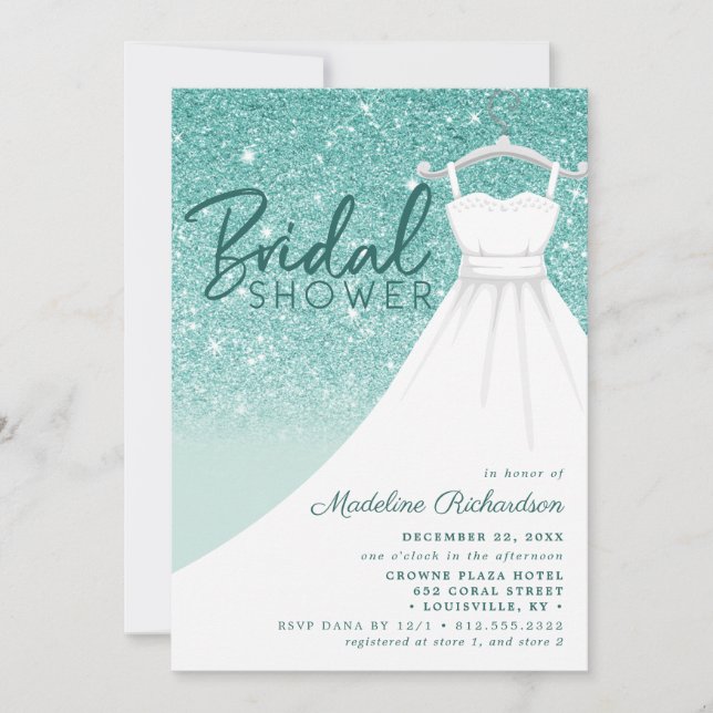 Aquamariner Glitzer Hochzeitskleid Chic Brautparty Einladung (Vorderseite)