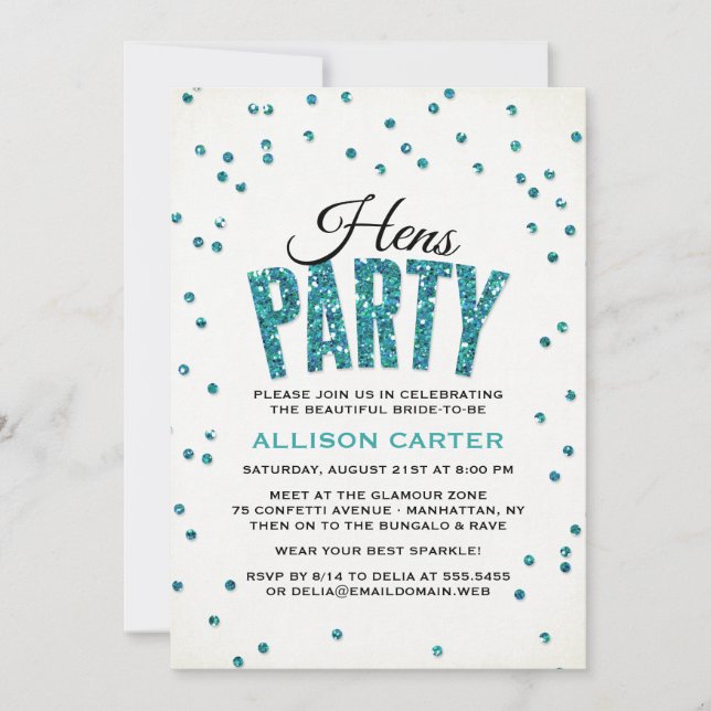 Aquamariner Glitzer Look Confetti Hens Party Einladung (Vorderseite)