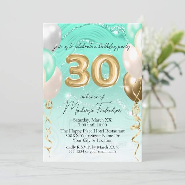 Aquamariner Glitzer Marmor & Goldballons 30. Gebur Einladung (Stehend Vorderseite)
