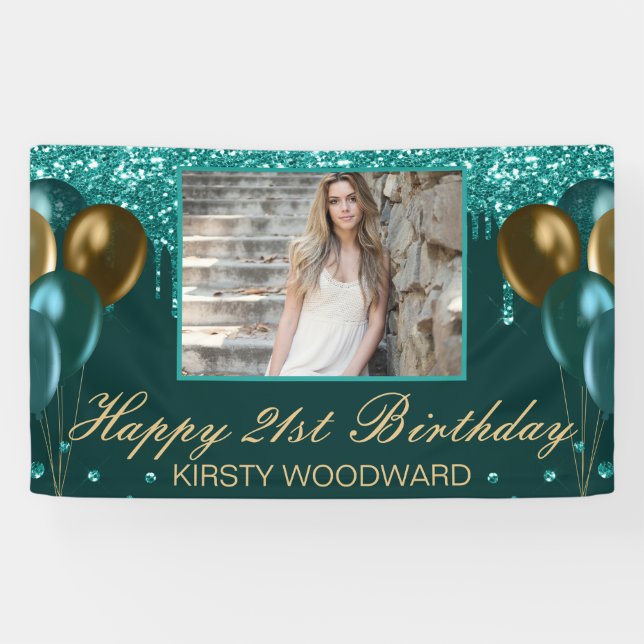 Aquamariner Glitzer mit Goldballons Geburtstag Banner (Horizontal)