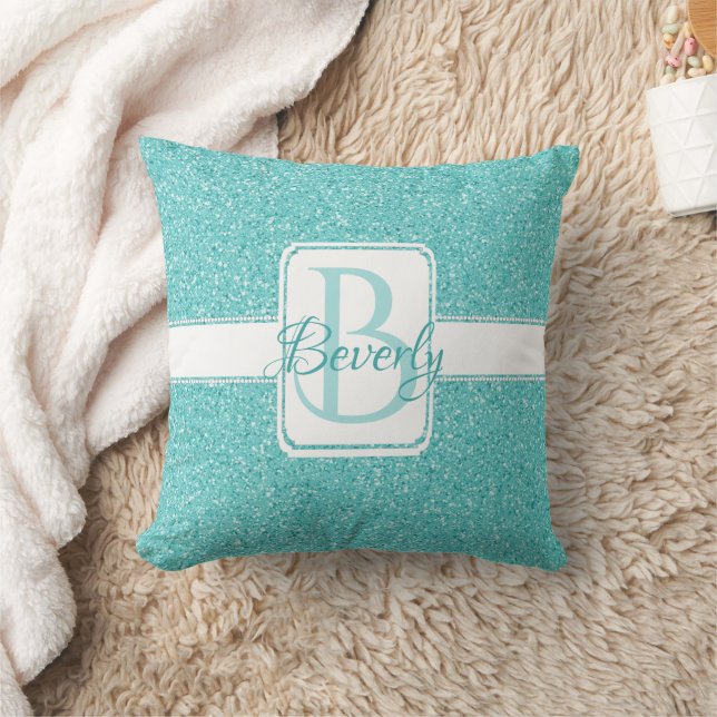 Aquamariner Glitzer Monogramm Personalisiertes Thr Kissen (Decke)