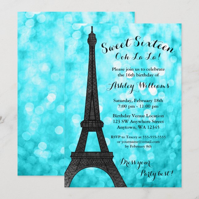 Aquamariner Glitzer Paris Bokeh beleuchtet Bonbon Einladung (Vorne/Hinten)