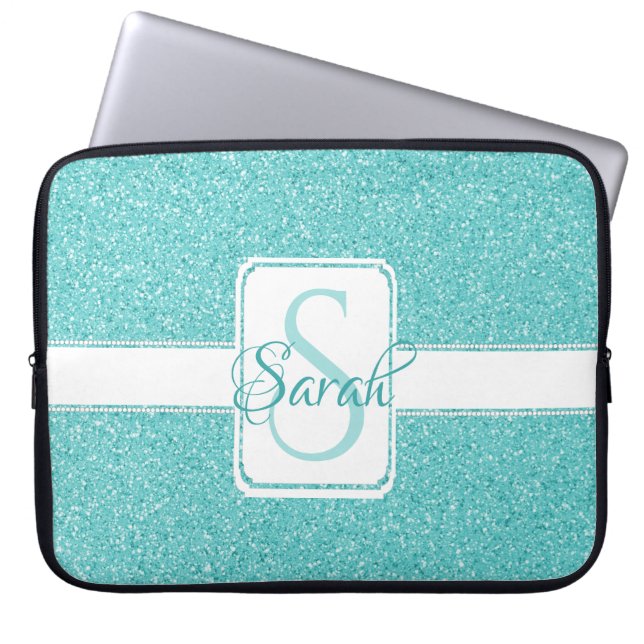 Aquamariner Glitzer Personalisierter Laptop-Sieb Laptopschutzhülle (Vorderseite)