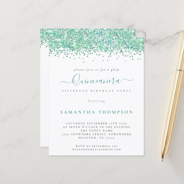 Aquamariner Glitzer Quinceañera Einladung (Vorderseite/Rückseite Beispiel)