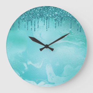 Aquamariner Glitzer Regen auf Luxusmetall Große Wanduhr