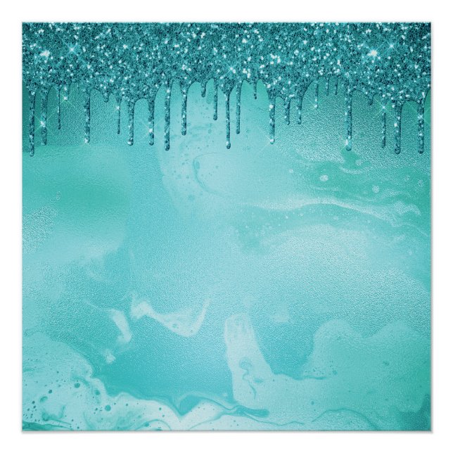 Aquamariner Glitzer Regen auf Luxusmetall Poster (Vorderseite)