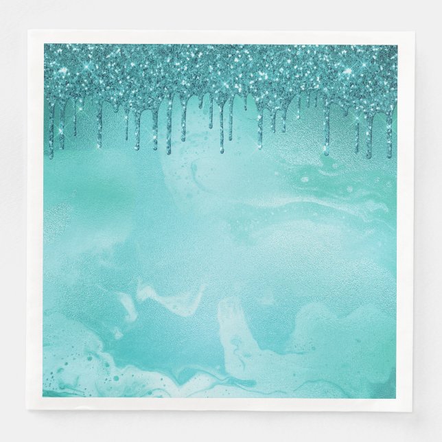 Aquamariner Glitzer Regen auf Luxusmetall Serviette (Vorderseite)