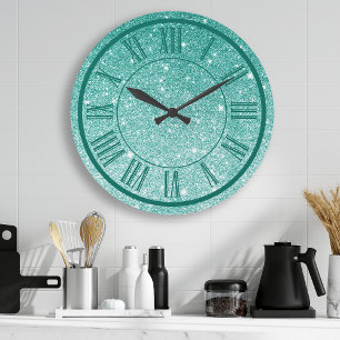 Aquamariner Glitzer Roman Numeral Sparkle Girly Große Wanduhr