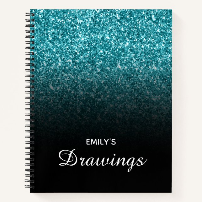 Aquamariner Glitzer Schwarzes Ombre Personalisiert Notizbuch (Vorderseite)