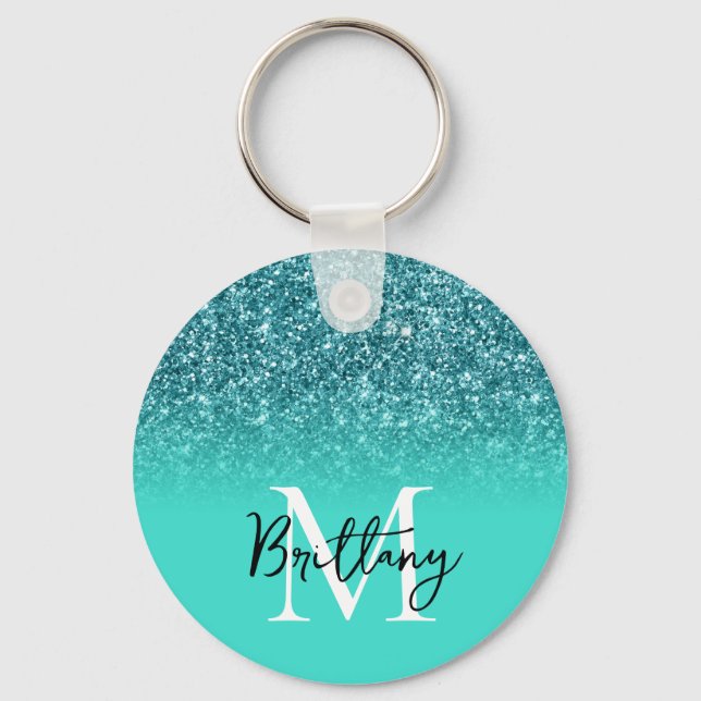Aquamariner Glitzer Türkis Ombre Mit Monogramm Schlüsselanhänger (Vorderseite)