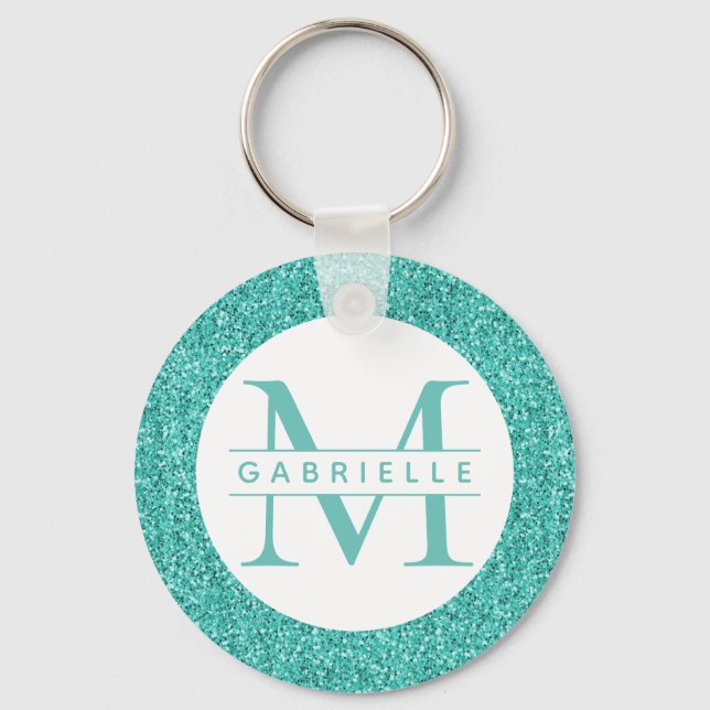 Aquamariner Glitzer Türkisfarbener Monogramm-Schlü Schlüsselanhänger (Vorderseite)