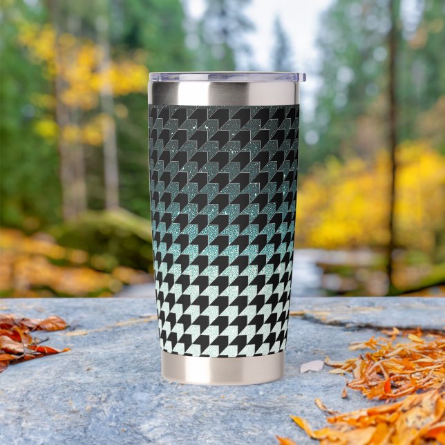 Aquamariner Glitzer und schwarzes Hahnentrittmuste Thermobecher (Außenbereich)