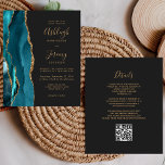 Aquamariner Gold QR Code Einladung<br><div class="desc">Rett die Kosten für das Drucken und Verschicken separater RSVP-Karten mit dieser eleganten, modernen All-in-One-Hochzeitseinladung. Der links Rand ist mit einem aquamarinen, blauen Aquarellstreifen versehen, der mit goldenen Imitaten Glitzer bestickt ist. Der anpassbare Text kombiniert goldfarbene Handschrift, Copperplate und kursiv Schriftart auf schwarzem Schieferboden. Die Rückseite bietet Platz für Hochzeitsdetails...</div>