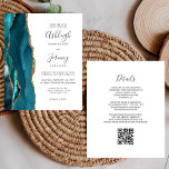 Aquamariner Gold QR Code Einladung<br><div class="desc">Rett die Kosten für das Drucken und Verschicken separater RSVP-Karten mit dieser eleganten, modernen All-in-One-Hochzeitseinladung. Der links Rand ist mit einem aquamarinen, blauen Aquarellstreifen versehen, der mit goldenen Imitaten Glitzer bestickt ist. Der individuell anpassbare Text kombiniert handgeschriebene Holzkohle, Kupferplatte und kursiv Schriftart auf weißem Hintergrund. Die Rückseite bietet Platz für...</div>