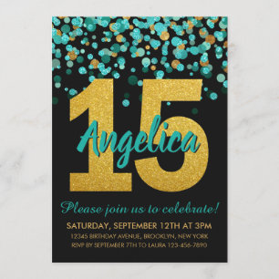 Aquamariner Goldener Glitzer Confetti Quinceañera  Einladung