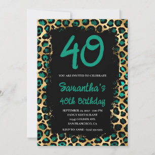 Aquamariner Goldleopard in Schwarz 40. Geburtstag Einladung