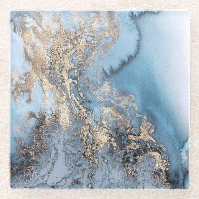 Aquamariner Goldmarmor-metallischer Glasuntersetzer (Vorderseite)