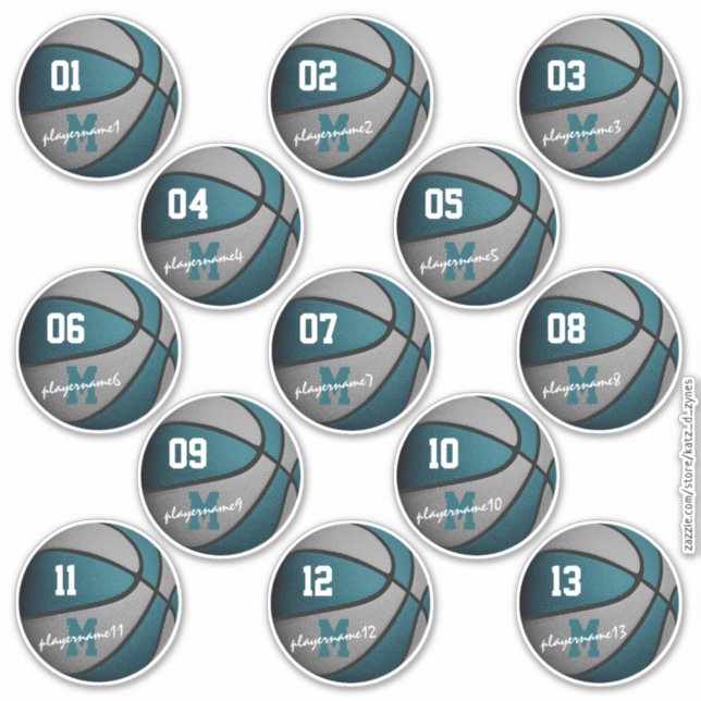 aquamariner grauer Basketball 13 Teammitglieder Aufkleber (Vorderseite)