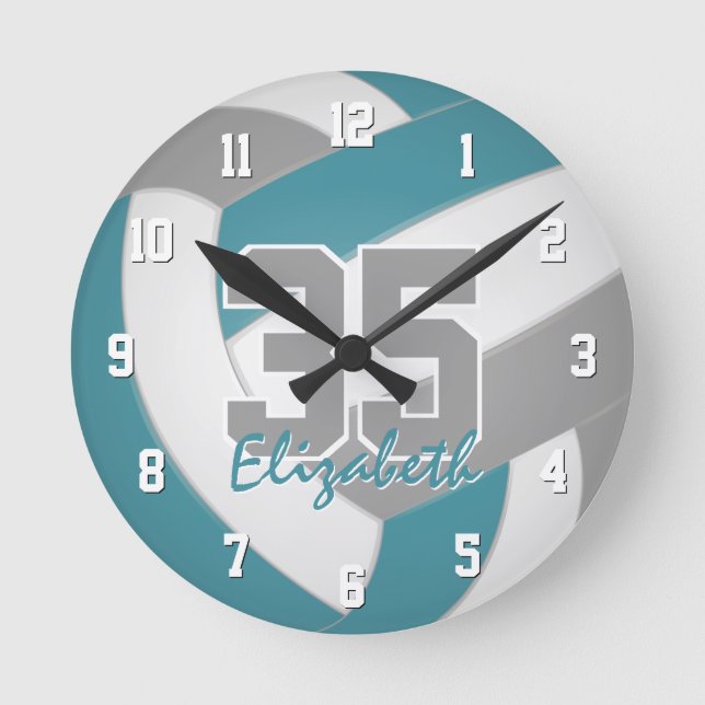 aquamariner Grauer personalisierter Volleyball Runde Wanduhr (Vorderseite)
